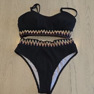 SHEIN Black Bikini with Multicolor Zigzag Trim